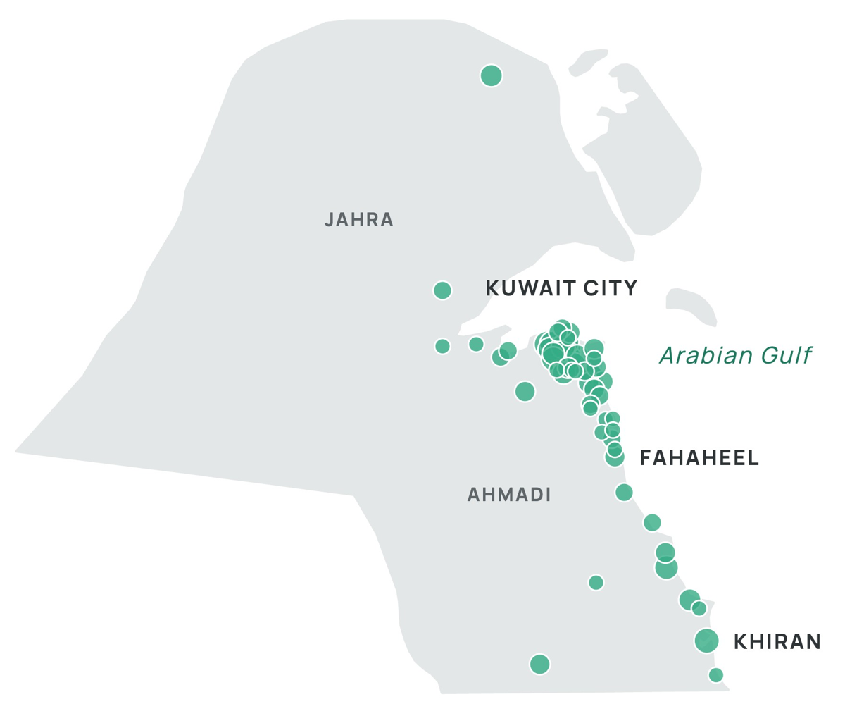 Map of Kuwait with dots marking areas EcoFlo has served, concentrated around Kuwait City and along the coast to Khiran